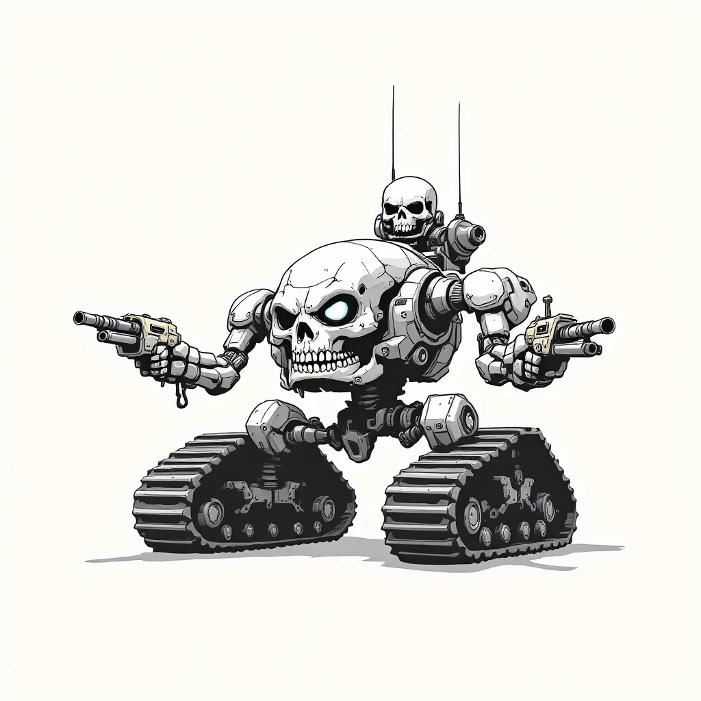 mean, menacing skull tank with no legs or hip bones, only heavy tank treads, body sitting low to the ground on the treads, four mechanical arms with guns and blasters, small forward skull, aggressive pose, wide and compact, clean outline, no background emoji