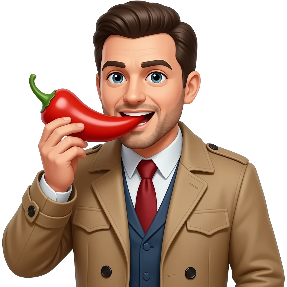 coat cloth man eating very larger Chilli emoji