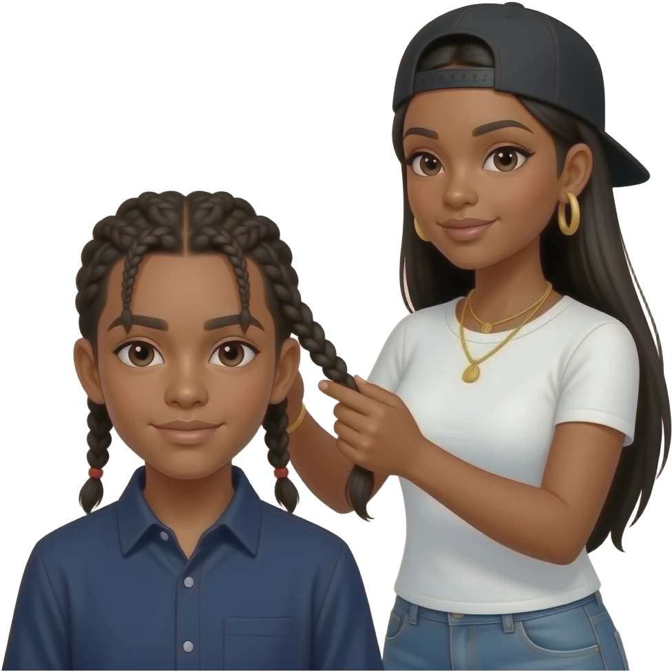 African American teenage boy with two braids in hair wearing a navy blue button up shirt getting hair braided by African American woman with long straight black hair wearing a fitted white t shirt wearing a black adjustable cap backwards on head wearing hoop earrings wearing gold tennis necklaces emoji