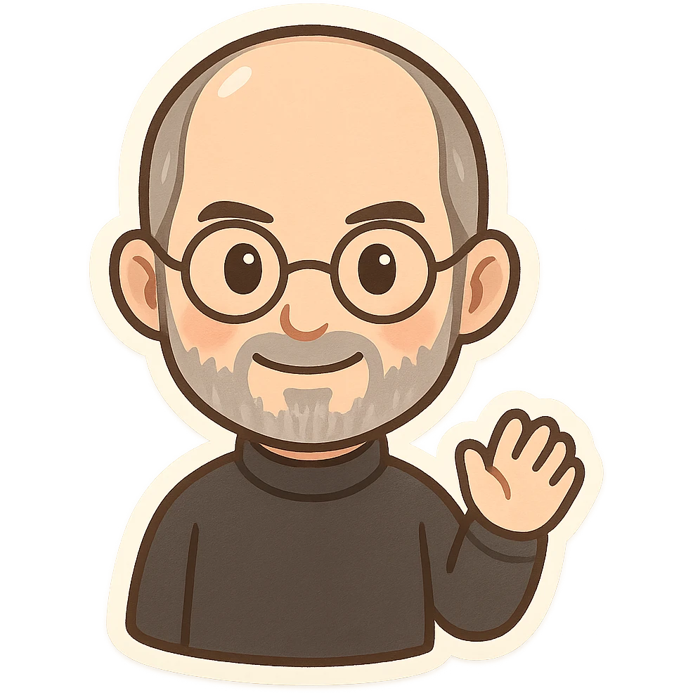 cartoon style Steve Jobs with friendly expression and signature look emoji
