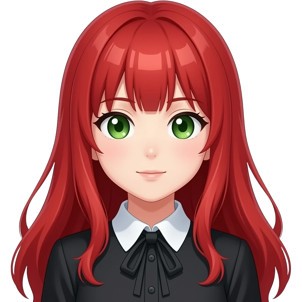 anime girl exhale red hair green eyes black blouse with white collar emoji
