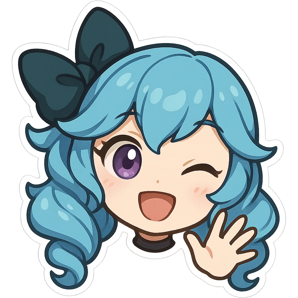 Gwen from League of Legends, chibi emote style, only head visible, right eye purple, cheerful hi expression, waving hand, eyes wide open, cute and expressive emoji