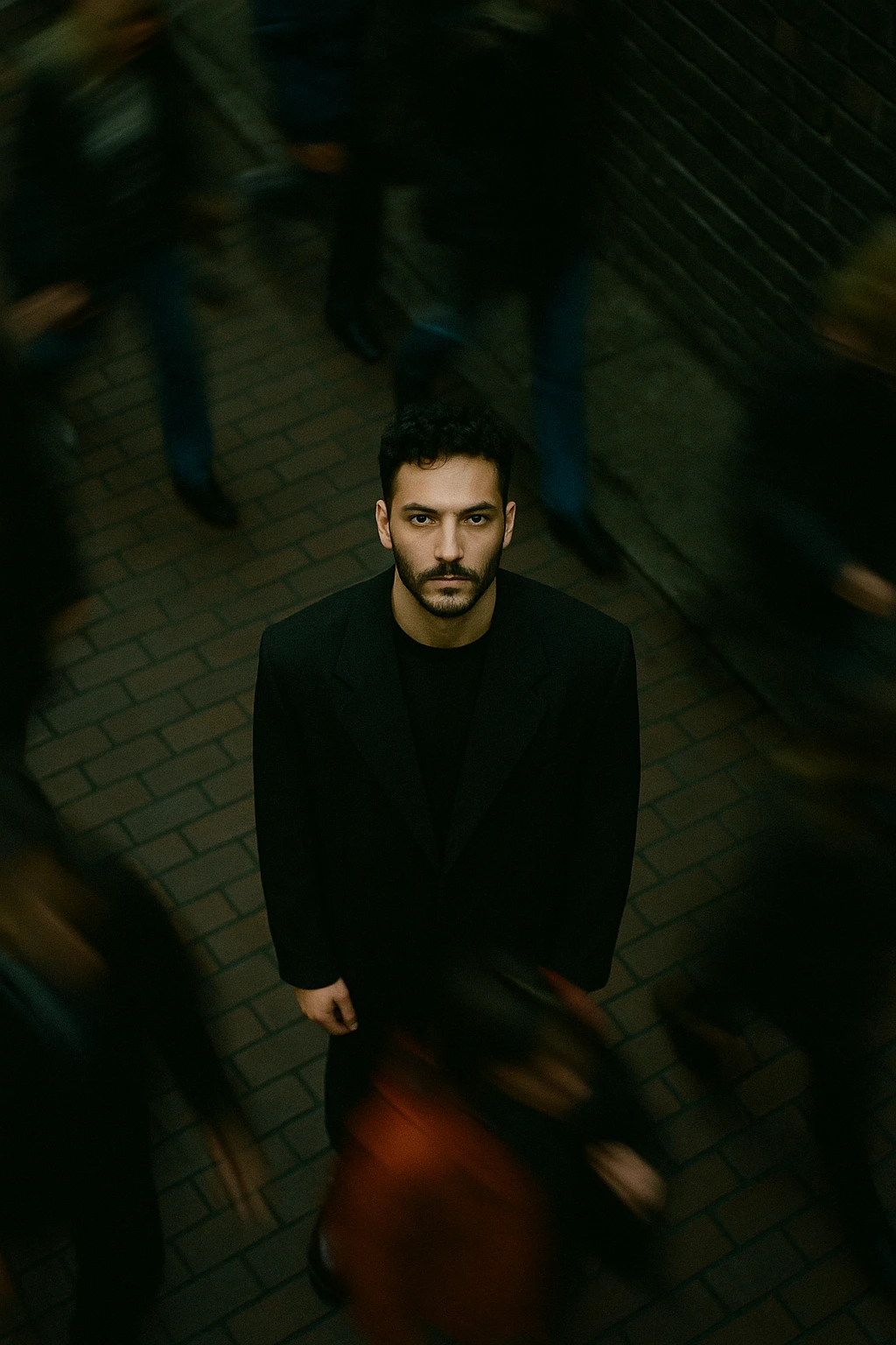 overhead shot of me standing still on a brick city sidewalk, wearing a dark oversized blazer,
motion-blurred crowd rushes past around me. Moody lighting, 35mm film look, shallow depth of field, sharp focus on me. emoji