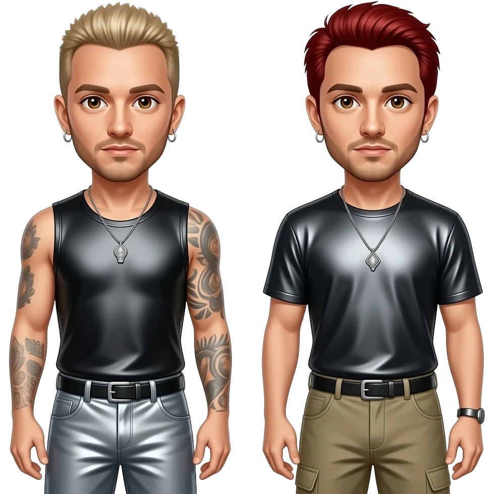 Linkin Park with Chester with brown eyes, blonde hair, black metallic sleeveless shirt, gray metallic baggy pants, Mike with brown eyes, red hair, black metallic t-shirt, taupe metallic baggy pants, silver necklace emoji