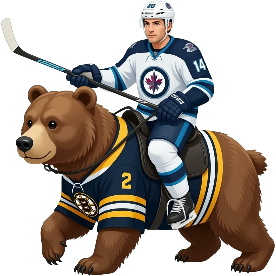 Winnipeg jets player riding on a bear wearing a Boston bruins jersey emoji