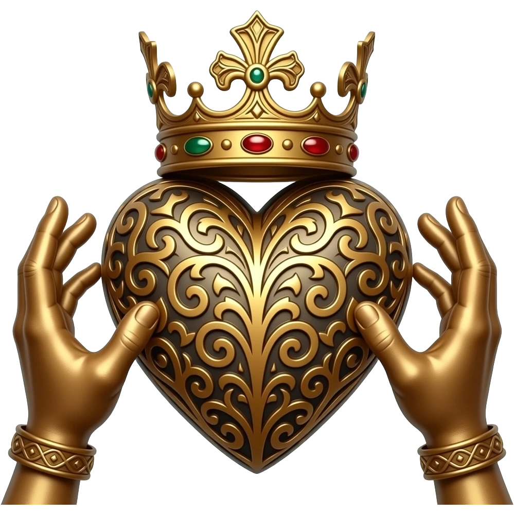 two bronze hands touch a bronze heart richly ornamented with arabesques with a richly decorated royal crown, dramatic lighting - backlight emoji