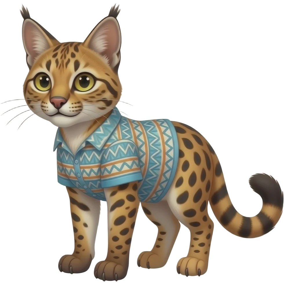 Tribal-Patterned Genet-Bobcat-Caracal-Serval-animal-hybrid-mix fantasy creature LiLaiRa Kamirah Falvie whiskers paws full body gradient with a shirt stubby tai l emoji