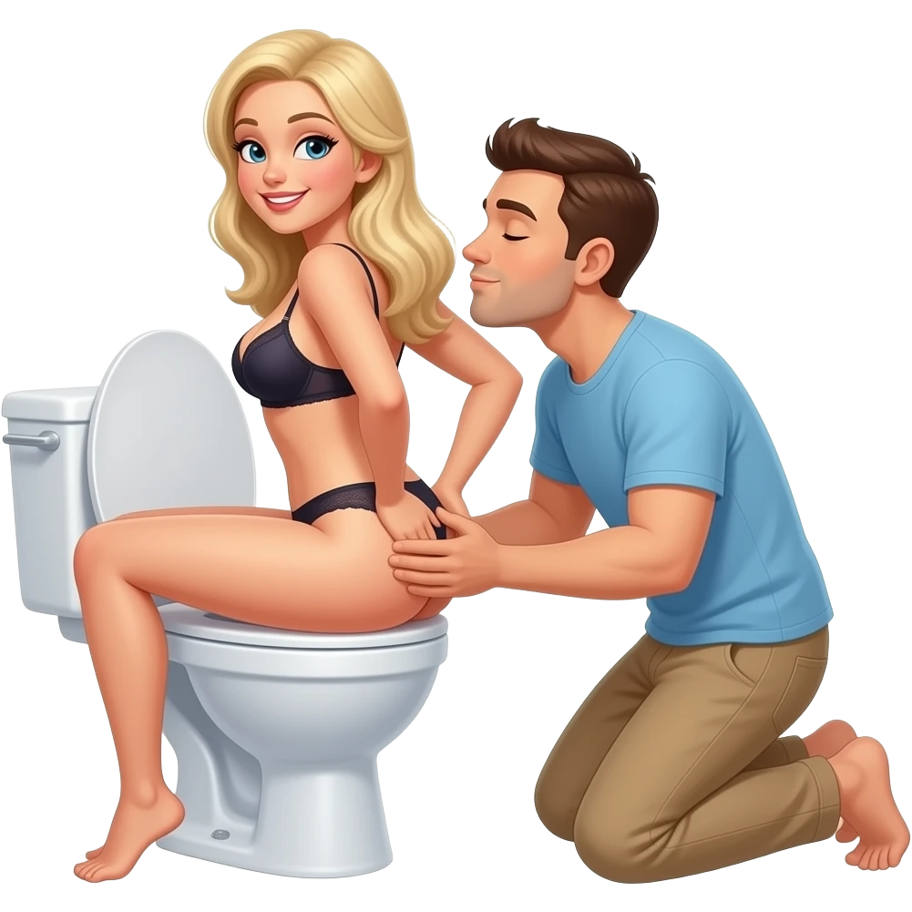 White blonde woman in lingerie sits backwards on open toilet holding her butt open while man kneels behind her kissing her butt. Eyes closed smiling emoji