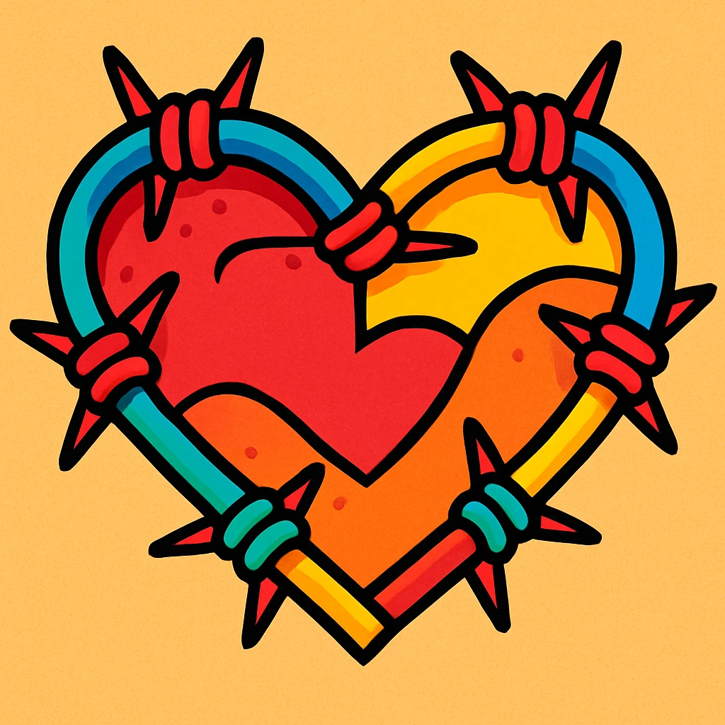 a heart made of barbed wire, cartoon style, colorful, playful emoji