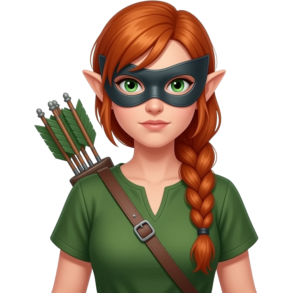 femme adulte rousse aux yeux verts, tresse haute jusque dans le dos, ressemble à une elfe, archère avec un carquois, voleuse avec un masque sombre qui cache ses yeux, tenue verte, air déterminé emoji