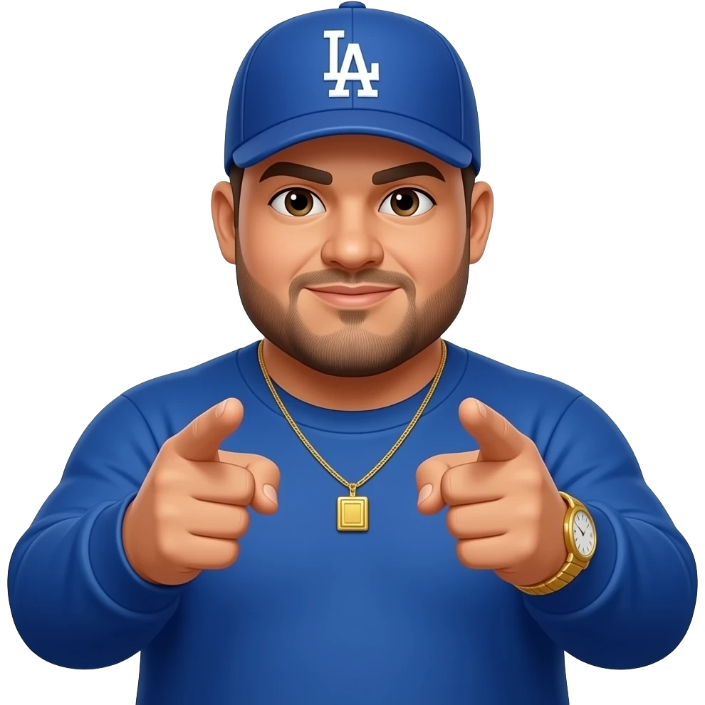Chubby man with light honey skin tone and lightly shaved black beard wearing a blue Los Angeles Dodgers logo baseball cap wearing a long sleeve blue shirt wearing a gold tennis necklace and a gold wrist watch with hands making a gun pointing forward emoji
