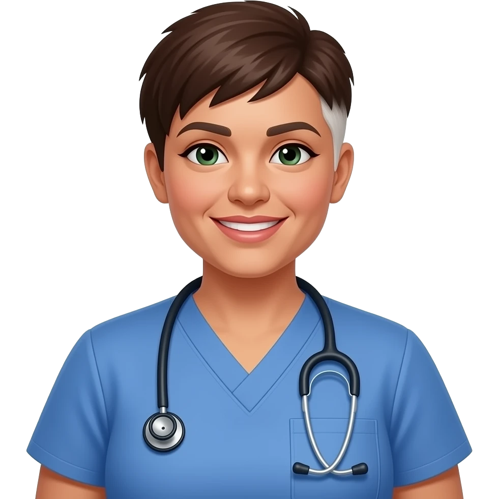 456 yr female nurse instructor, dark green eyes, Hispanic, thin eyebrows, mid size lips, middle pixie cut hair with one shaved side, 180 pounds, smiling, small nose, wearing blue nurse scrubs, wears a stethoscope, brown hair with almost no white. emoji
