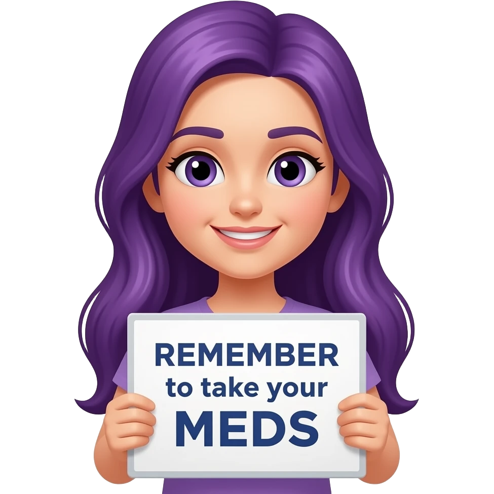 girl with long purple hair holding a REMEMBER to take your MEDS sign emoji