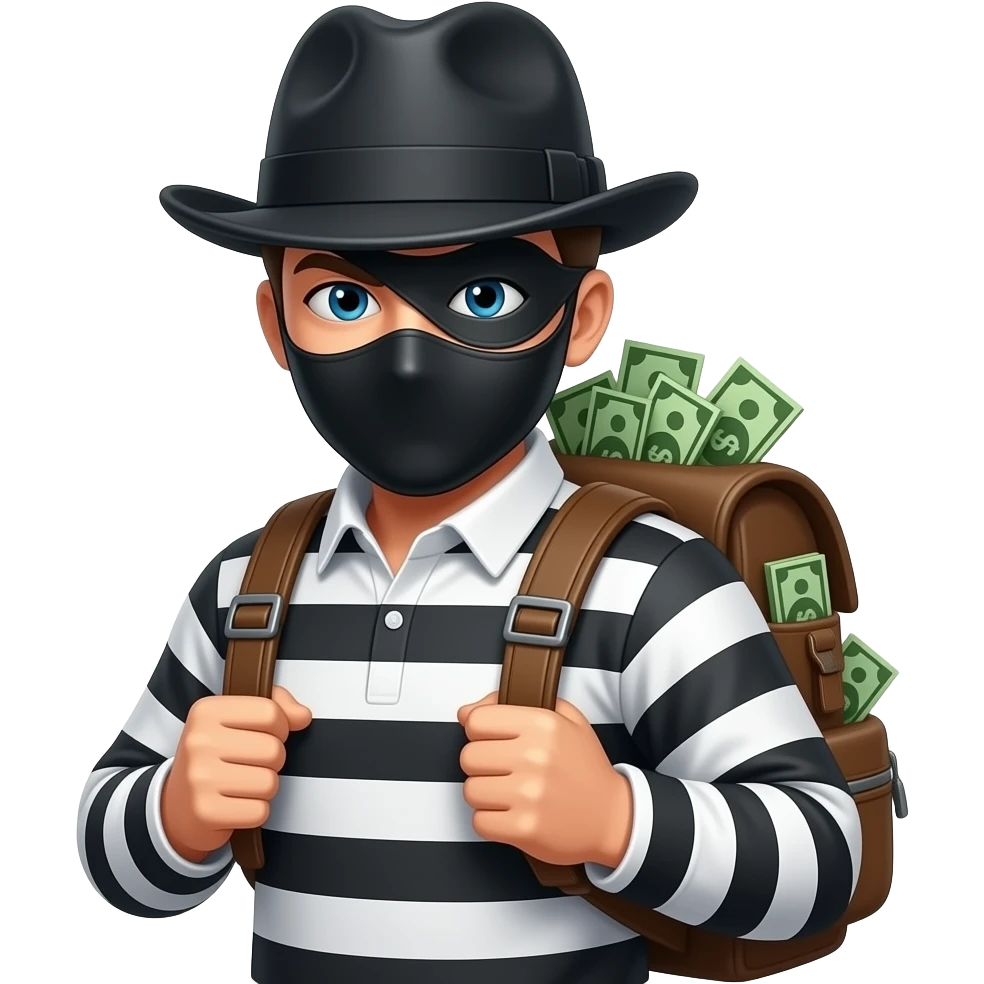 L'emoji di un ladro fammela in  e fammelo con un vestito con le strisce bianche e nere e anche una maschera che copre che sta sugli occhi e un dacco con dentro dei soldi sulle spelle e un cappello da ladro emoji