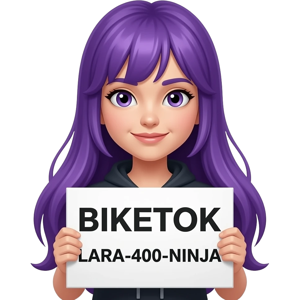 girl with long purple hair with a BIKETOK LARA-400-NINJA sign emoji