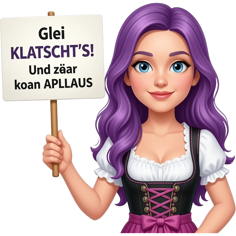 girl with long purple hair wearing a dirndl holding a Glei KLATSCHT'S! Und zwar koan APLLAUS sign emoji