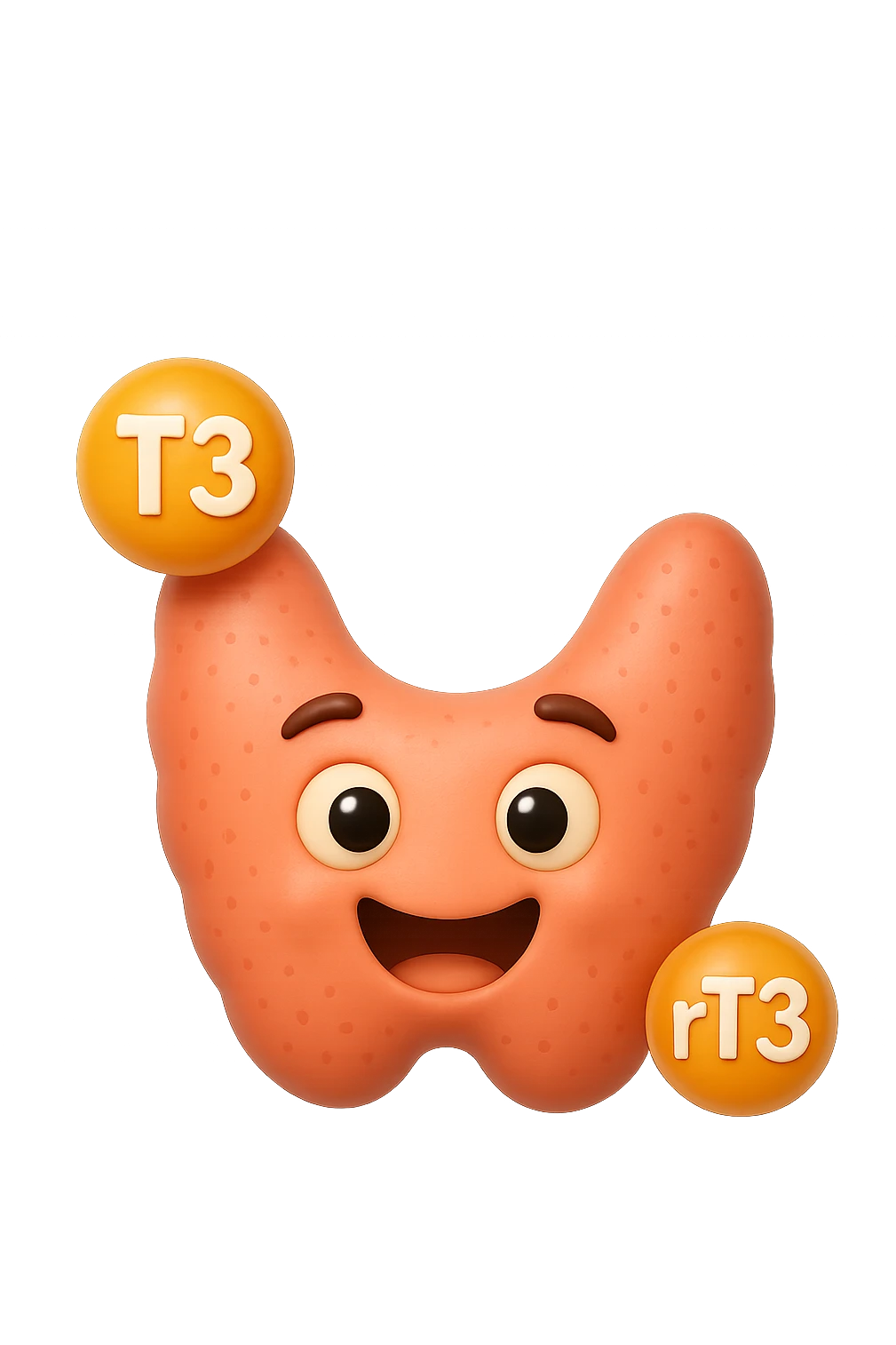 EMOJI STILE IPHONE 3D DI ormoni tiroidei (T3 ed rT3) che fluttuano in aria intorno ad una tiroide felice, iperrealistico 4k emoji