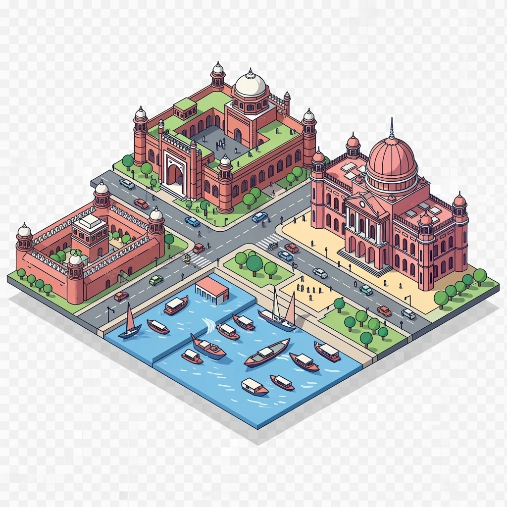 Isometric minimalistic illustration of Dhaka – Lalbagh Fort, Ahsan Manzil, bustling river boats, colorful streets, subtle 3D miniature effect and Tilt Shift effect, no cartoonish look, transparent background. emoji