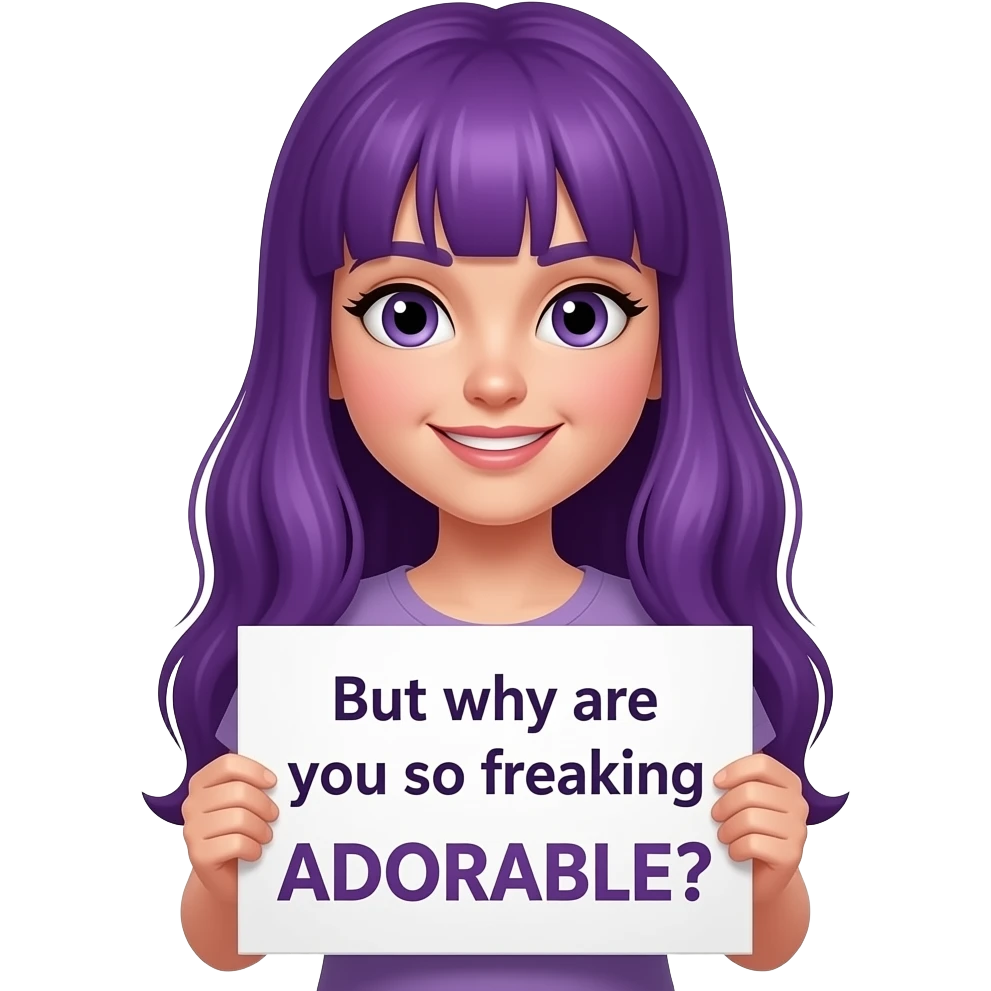 girl with long purple hair with a But why are you so freaking ADORABLE? sign emoji