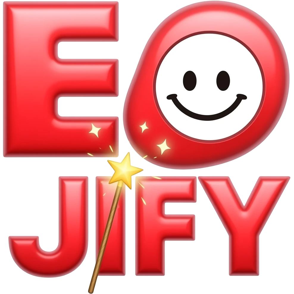 Big red text "EMOJIFY" is stretched in height and width. Letter "O" is a smiley face. Letter "J" in the form of a magic wand with sparkles a on the end. emoji