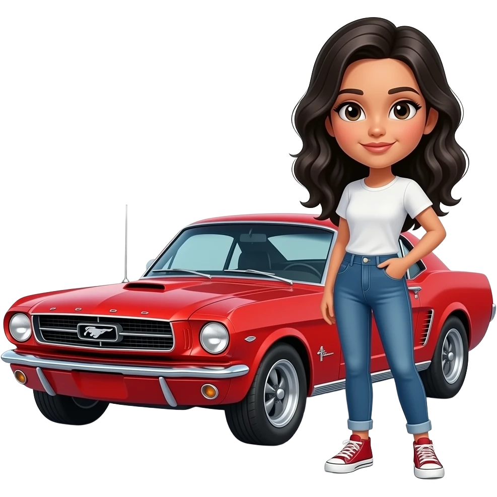 Pale girl with black wavy hair standing next to a red Ford Mustang 1968 coupe. emoji