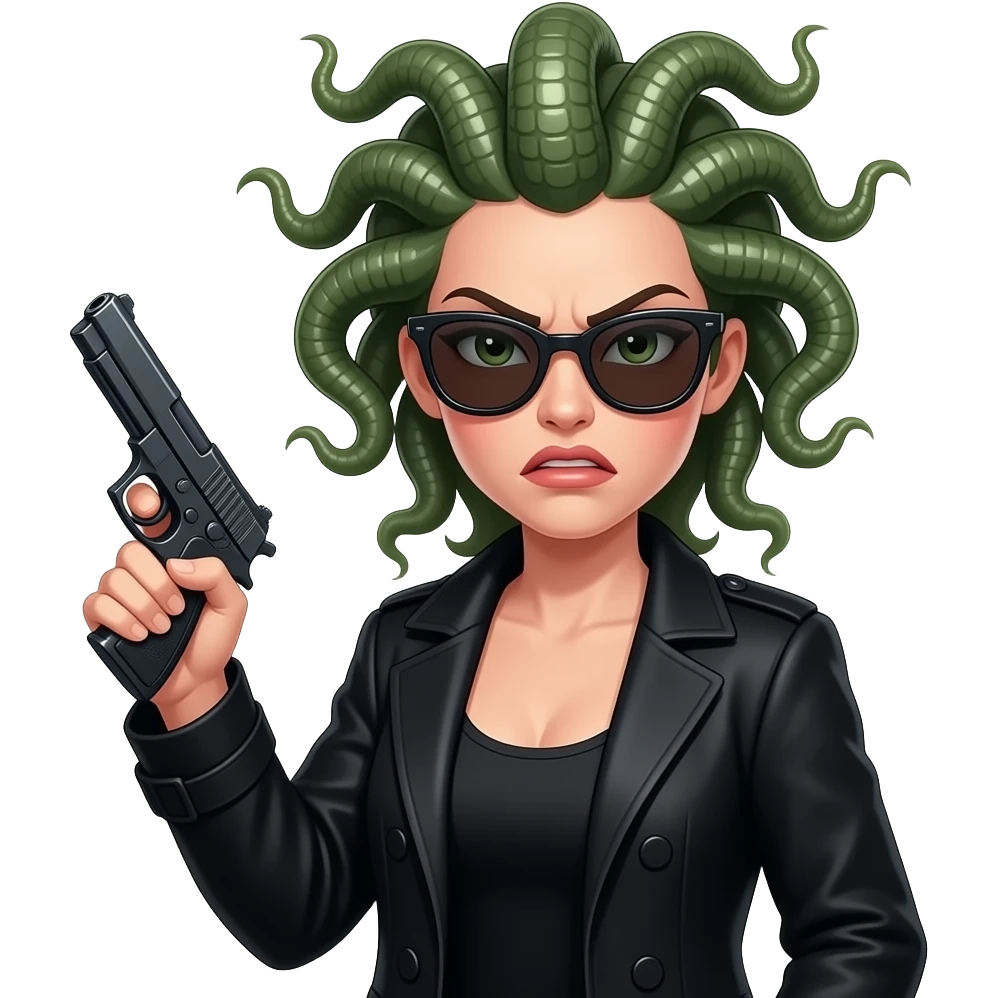 Angry beautiful female Medusa in black coat with sunglasses holding gun emoji