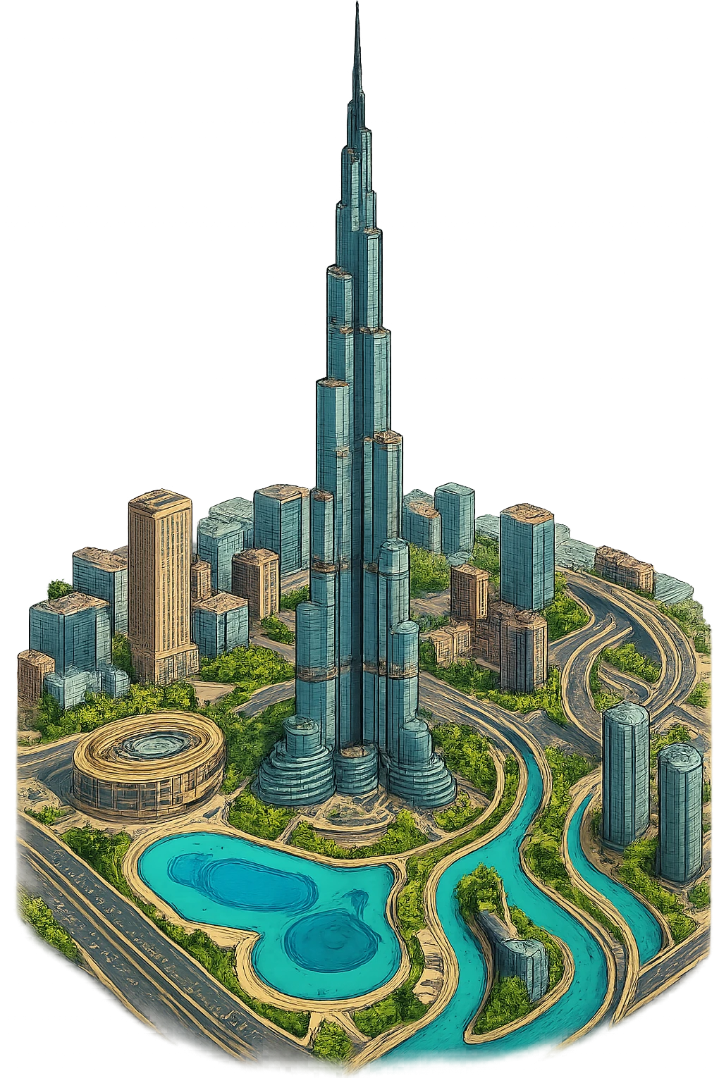Изометричная, яркая, детализированная и фотореалистичная иллюстрация Burj Khalifa в стиле 3D-коллажей городов, насыщенные цвета, аккуратные и чёткие линии, мультяшно-реалистичная стилистика. Чёткие контуры, не размазанные линии, высокое качество, прозрачный фон, не обрезать края картинки emoji
