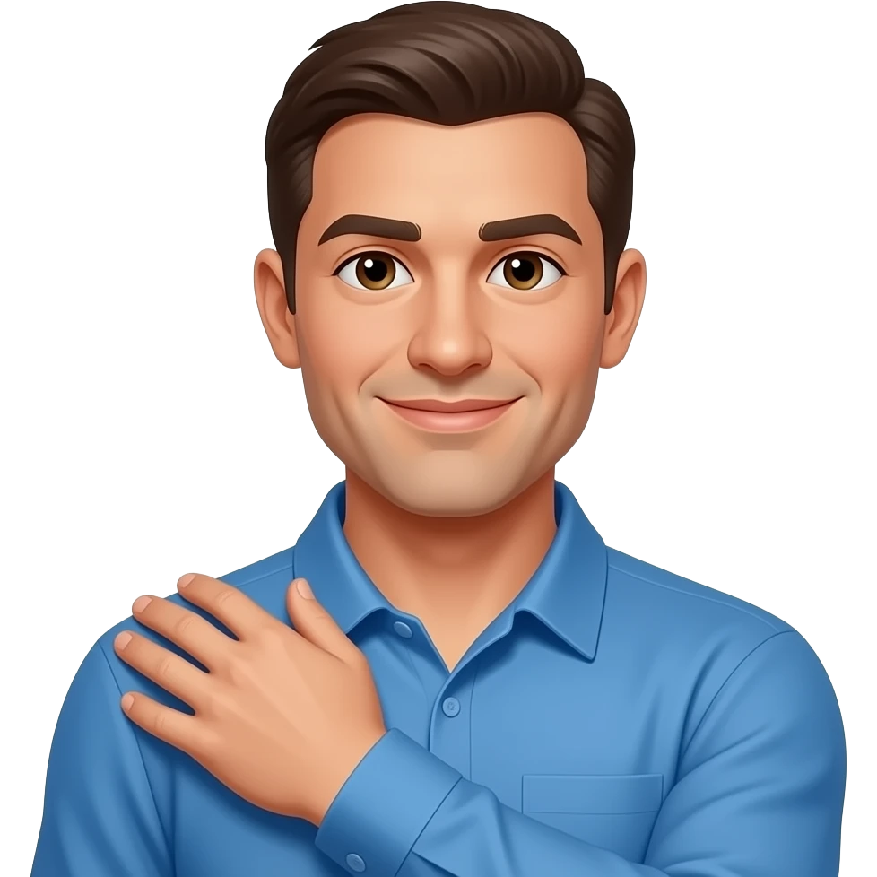 coach in a blue shirt touching his own shoulder with finger tips emoji