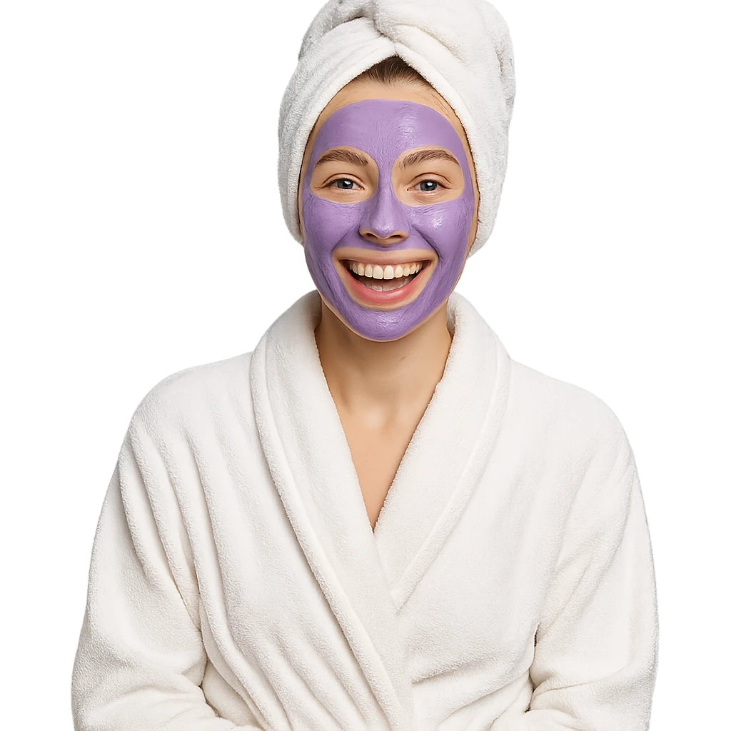 girl in a towel robe, purple clay mask, hair wrapped in towel, cheerful mood emoji