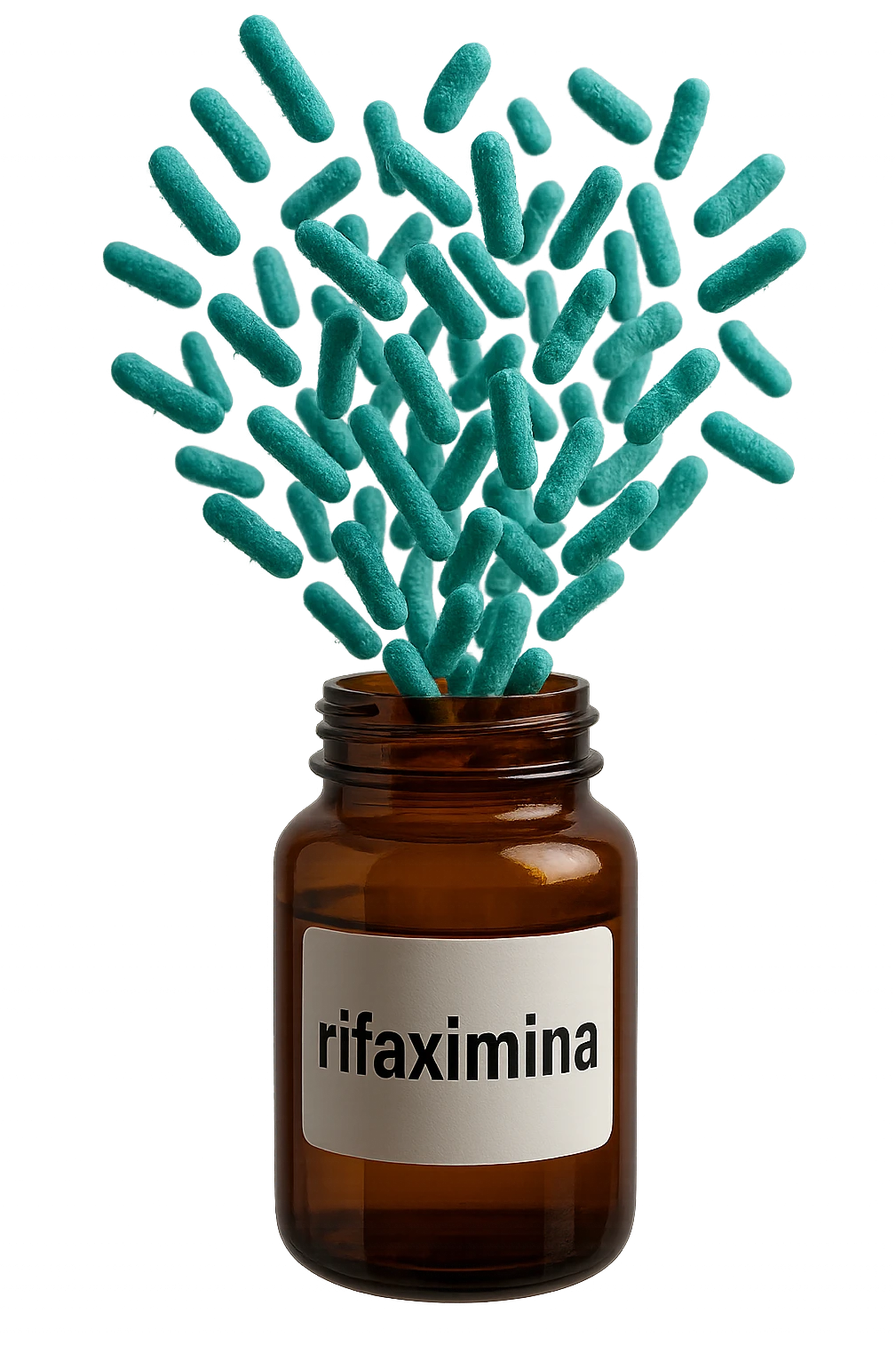 barattolo di medicinale con la scritta "rifaximina" sull'etichetta fluttua in aria, da dentro al barattolo escono batteri intestinali turchesi, iperrealistico 4k emoji