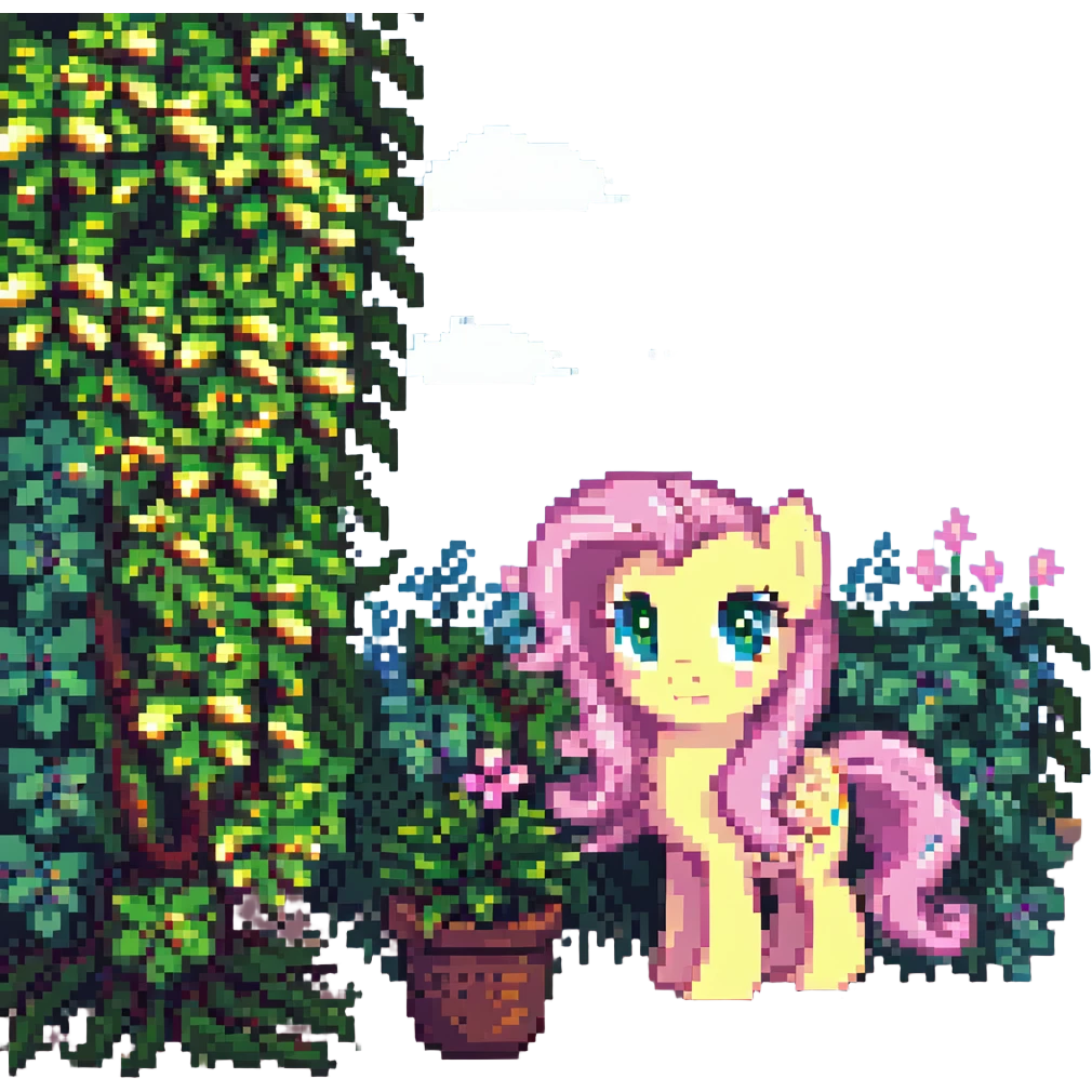 Fluttershy peeking from behind a bush pixel art style emoji