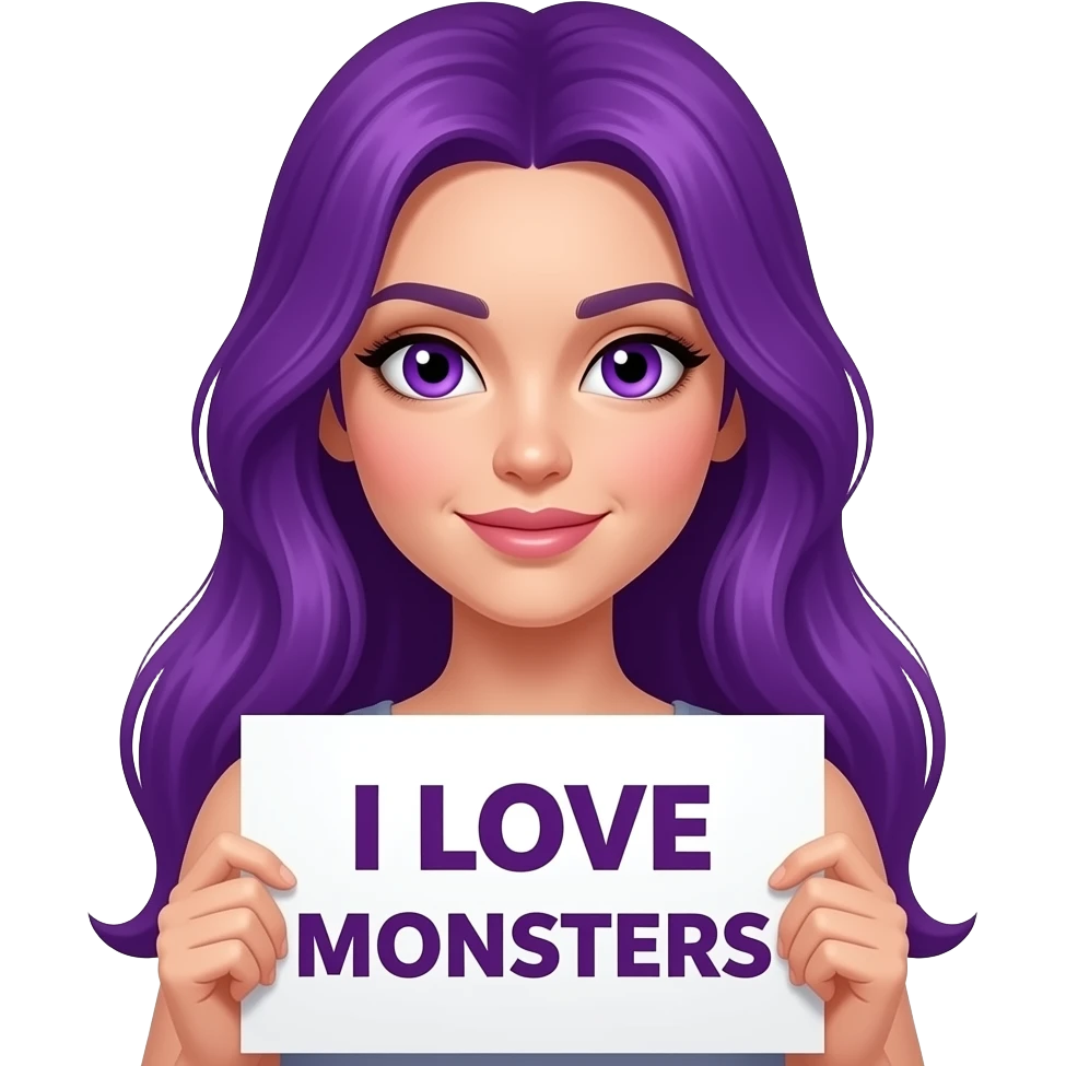 sexy girl with long purple hair and purple eyes holding a I LOVE MONSTERS sign emoji