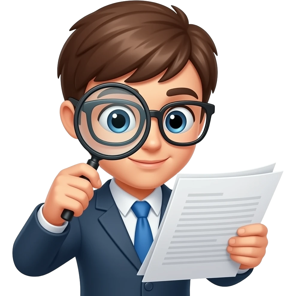 A student wearing glasses looking closely at a document with a magnifying glass emoji