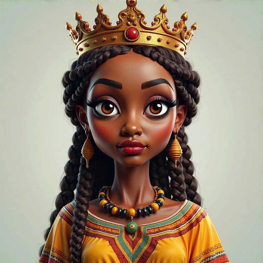 Create me a Stylized 3D Character Art of an beautiful Ethiopian Queen of Sheba wearing a queen crown, traditional Ethiopian habesha kemis dress. Do a balance of realism and caricature with Rich Textures having a Hand-Painted Feel. Give her beautiful hair with braids and make her brown skinned.  emoji