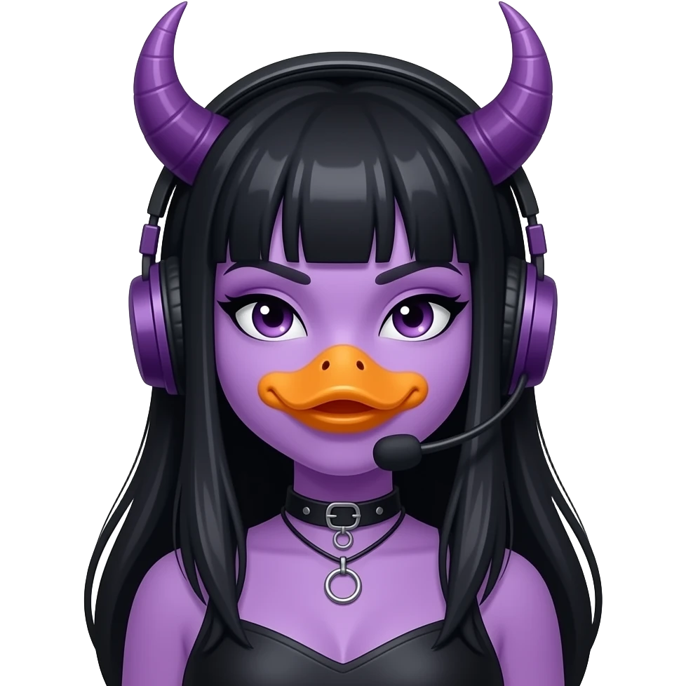 goth women duck, with long black hair, headset without a mic and horns , make it purple and remove the microphone emoji