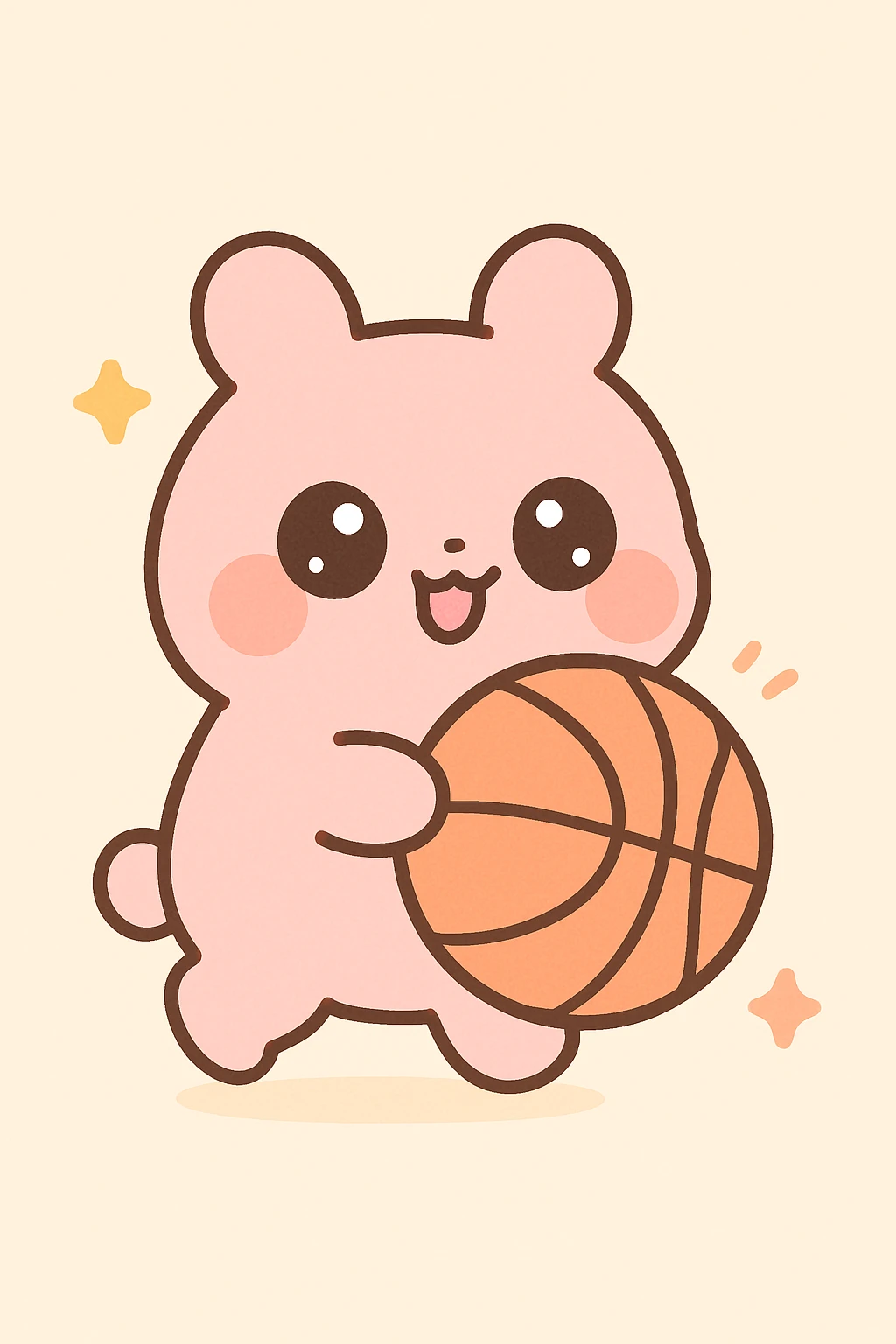 pink animal with a basketball, looking clumsy and adorable, kawaii style emoji