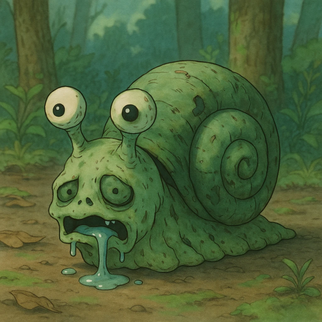 zombie snail, ghibli style, eerie but cute, greenish shell, drooling, big eyes emoji