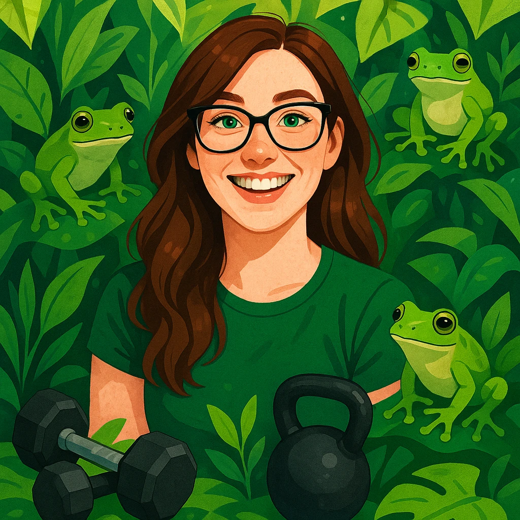Irish woman with green eyes, brown hair, and glasses, smiling among plants and frogs, with weight training equipment nearby, modern digital art style emoji