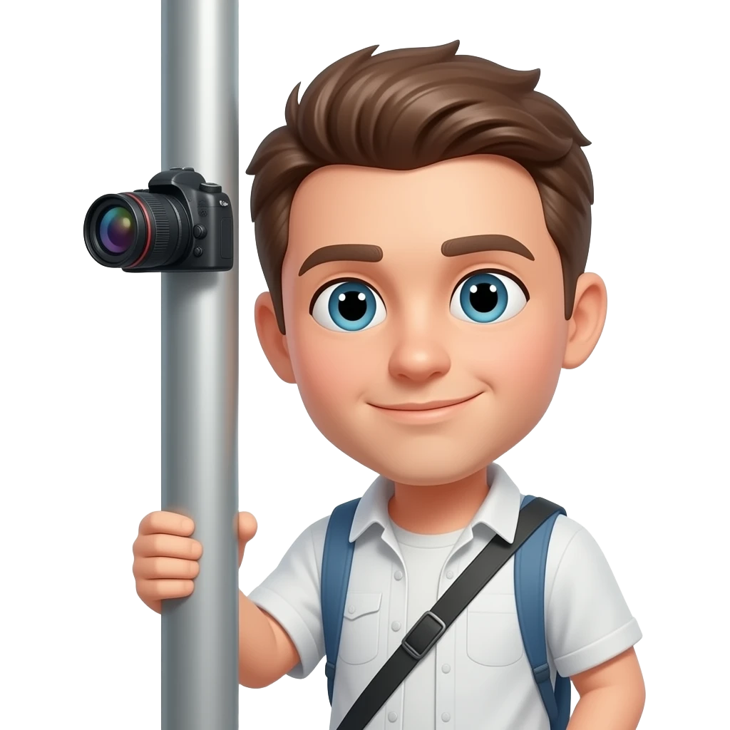 Personne pencher sur le côté à gauche en nous regardant avec une caméra derrière un gros poteau emoji