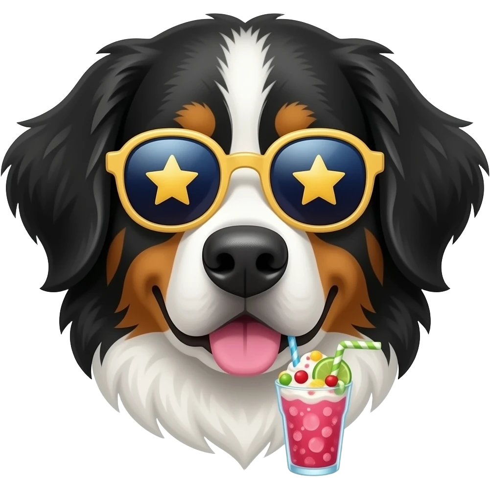 a bernese mountain dog face with a slurpie drink and wearing star sunglasses emoji