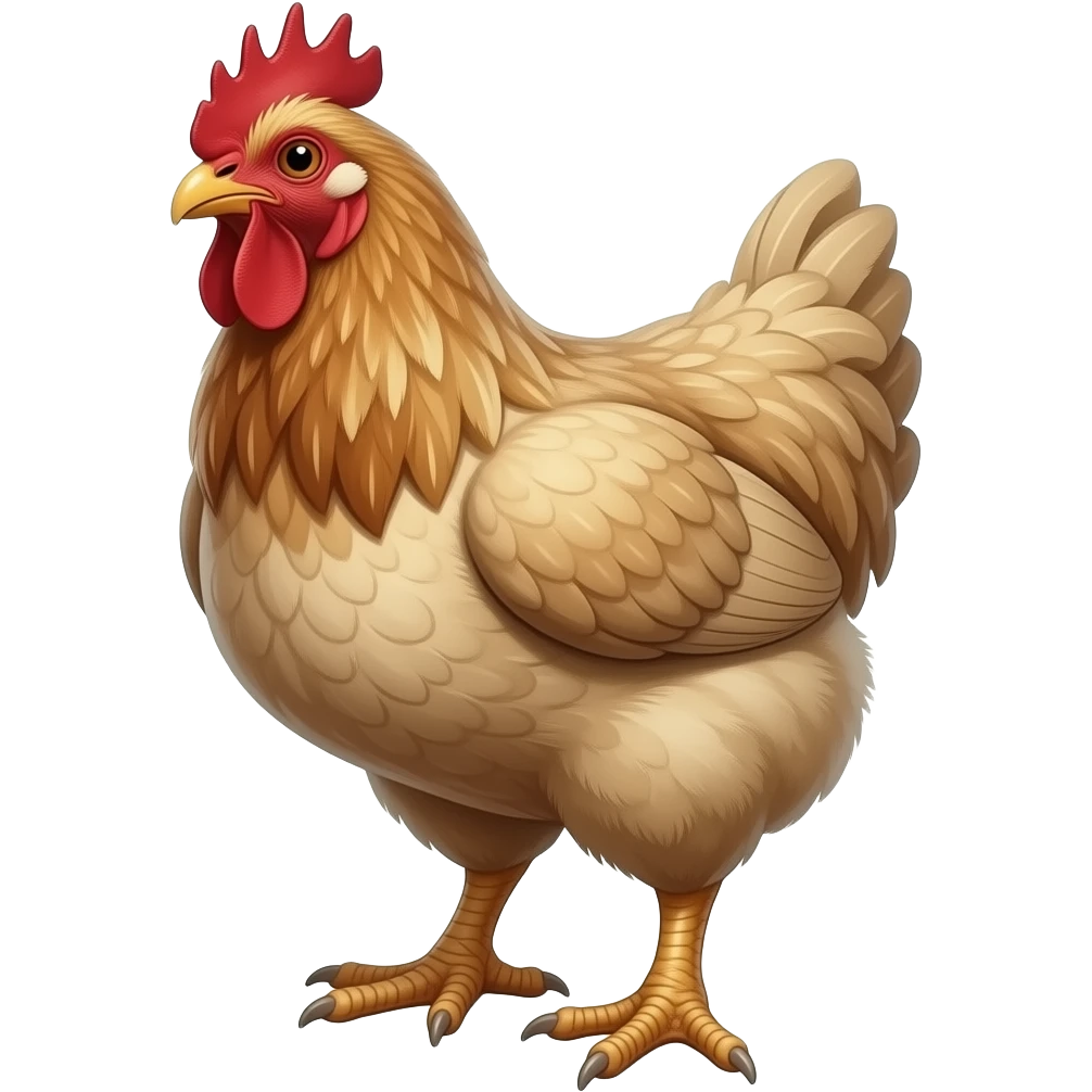 cinematic surrealistic - a huge ivory, bald, tattooed chicken with grown thick male feet like a Hobbit, the chicken's head is disheveled, shown at a 45 degree angle emoji