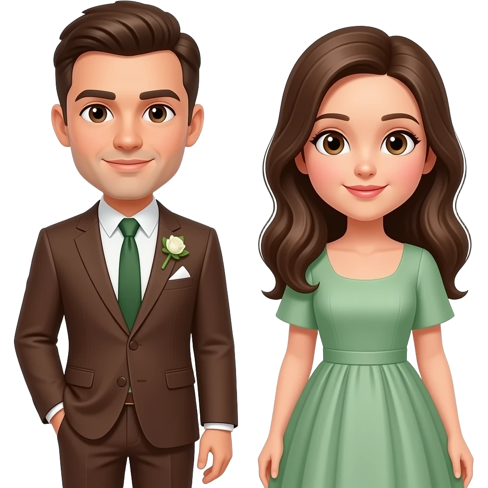 Groomsman brown suit no tie and bridesmaid sage green dress brown eyes emoji