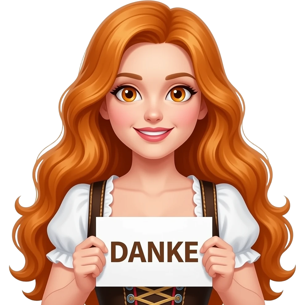 sexy girl with overlong ginger hair and ginger eyes wearing a dirndl holding DANKE sign emoji