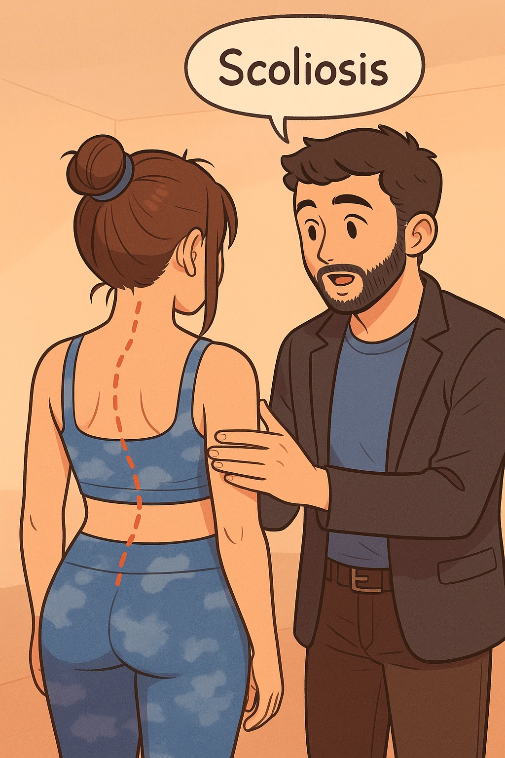 fai questa immagine in versione manga/webtoon a colori con stile di disegno carino e moderno, il manga mostra la donna di spalle, mentre l'uomo le tocca la spina dorsale per spiegarle come funziona la scoliosi:
Con una scoliosi il baricentro corporeo cade maggiormente da un lato; per non cadere la schiena compensa accumulando tensione sul fianco opposto.
Il risultato? Si inclina e ruota sempre più, fino a che non cede (discopatie, artrosi, ecc) emoji