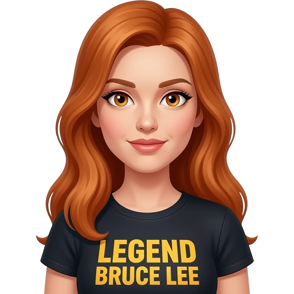 sexy girl with long ginger hair and ginger eyes a top with LEGEND BRUCE LEE written on it emoji