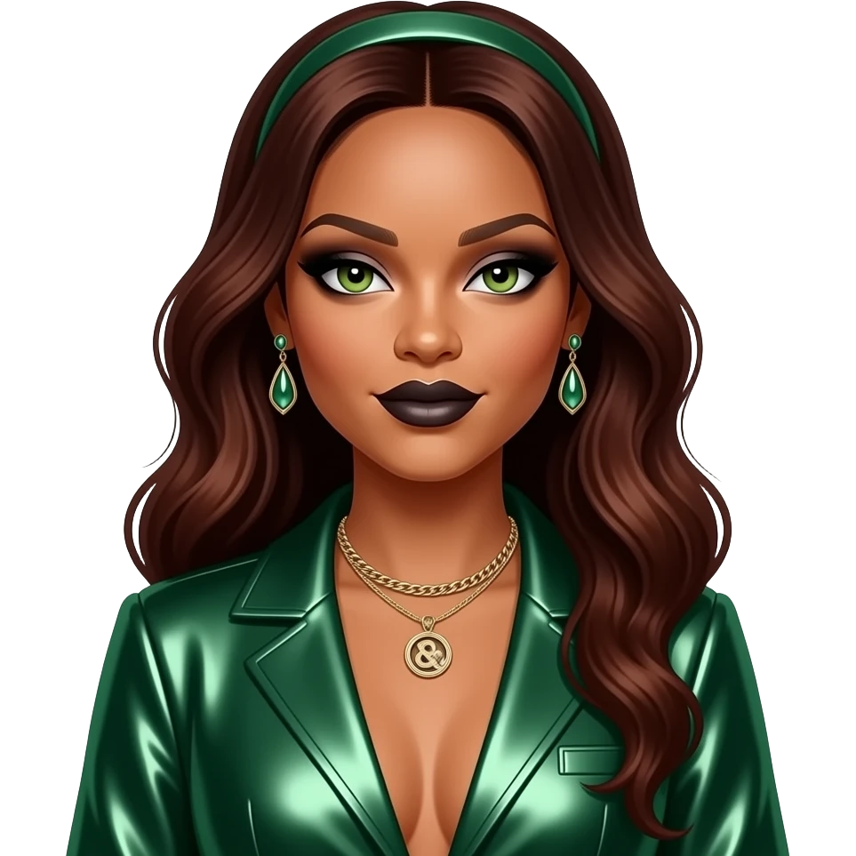 Rihanna with hazel-green eyes, long dark auburn hair, black eyeshadow and lipstick, green metallic R&B outfit, necklace and earrings emoji