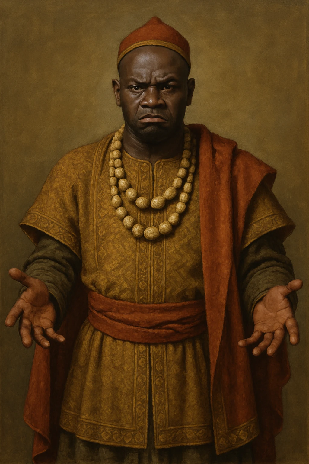 Сгенерируй мне афроамериканца в национальном африканском СРЕДНЕВЕКОВОМ костюме, с бусами лысого,  . Строго в анфас. Его лицо чуточку недовольно, а руками он размахивает и разводит в сторону. На однородном фоне. В стиле реалистичной живописи. Он полностью помещается в экран и не обрезается краями изображения emoji
