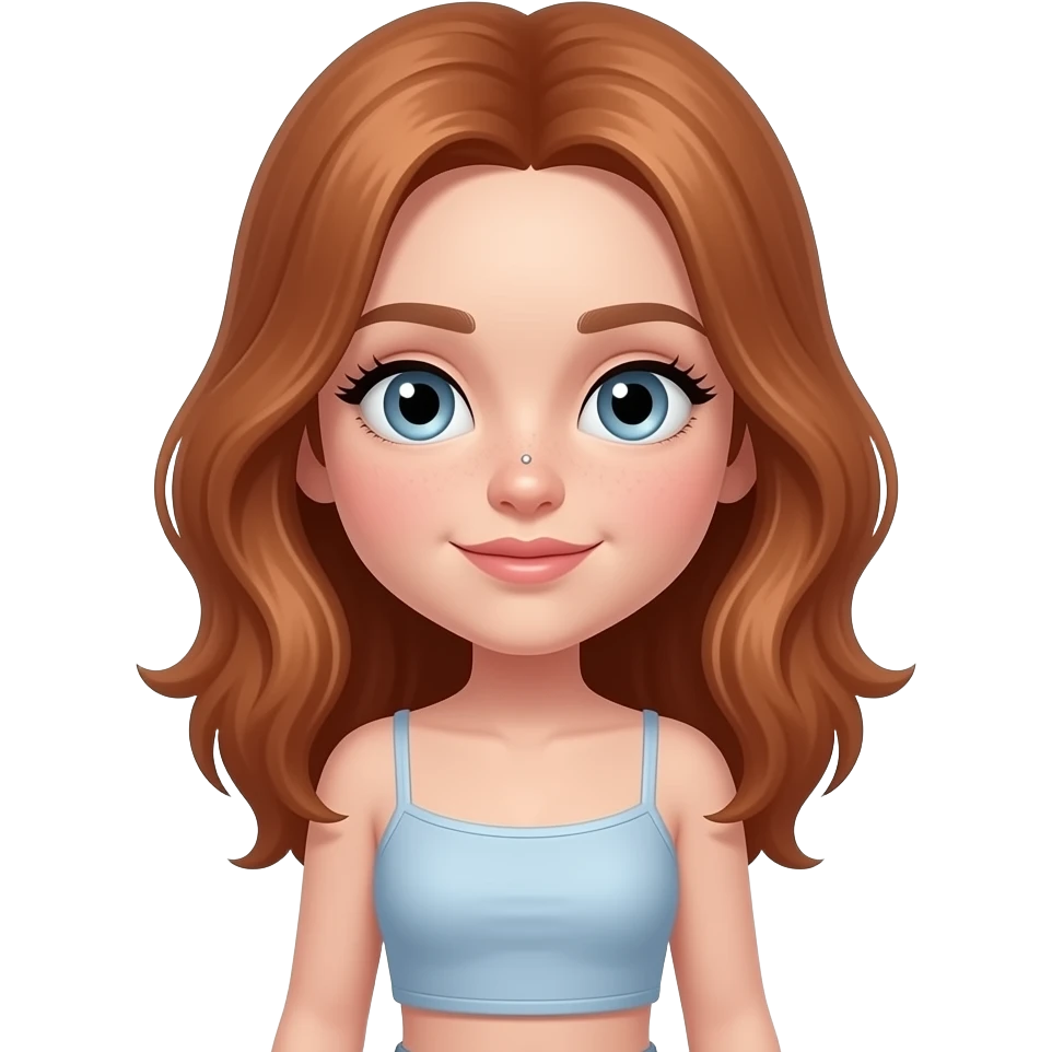 A young white girl, light brown long hair almost red, with long eyelashes, nose piercing (spot of light), clothes (cropped tube) emoji
