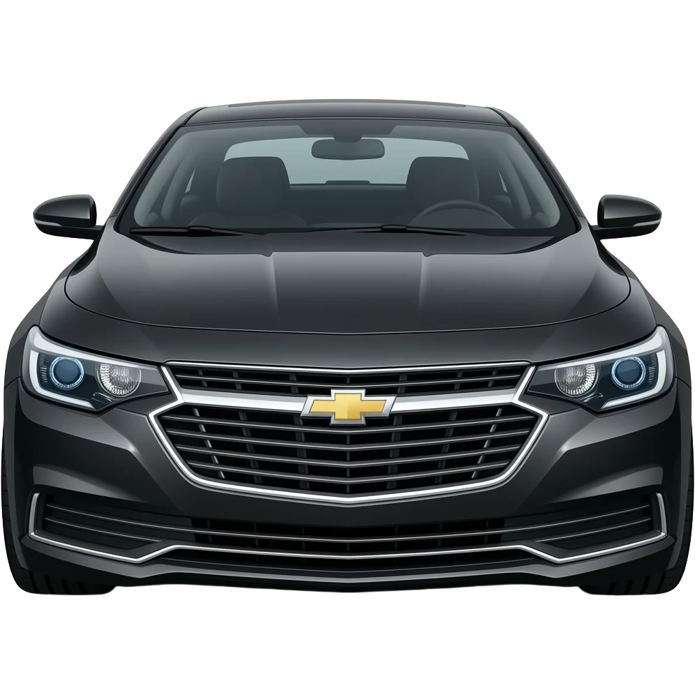 A realistic icon of a glossy black Chevrolet Malibu Premier, blackout limousine tint windows, gloss black alloy rims, ice blue LED headlights with a sharp glowing halo, high-detail, glossy finish, isolated on white background. emoji