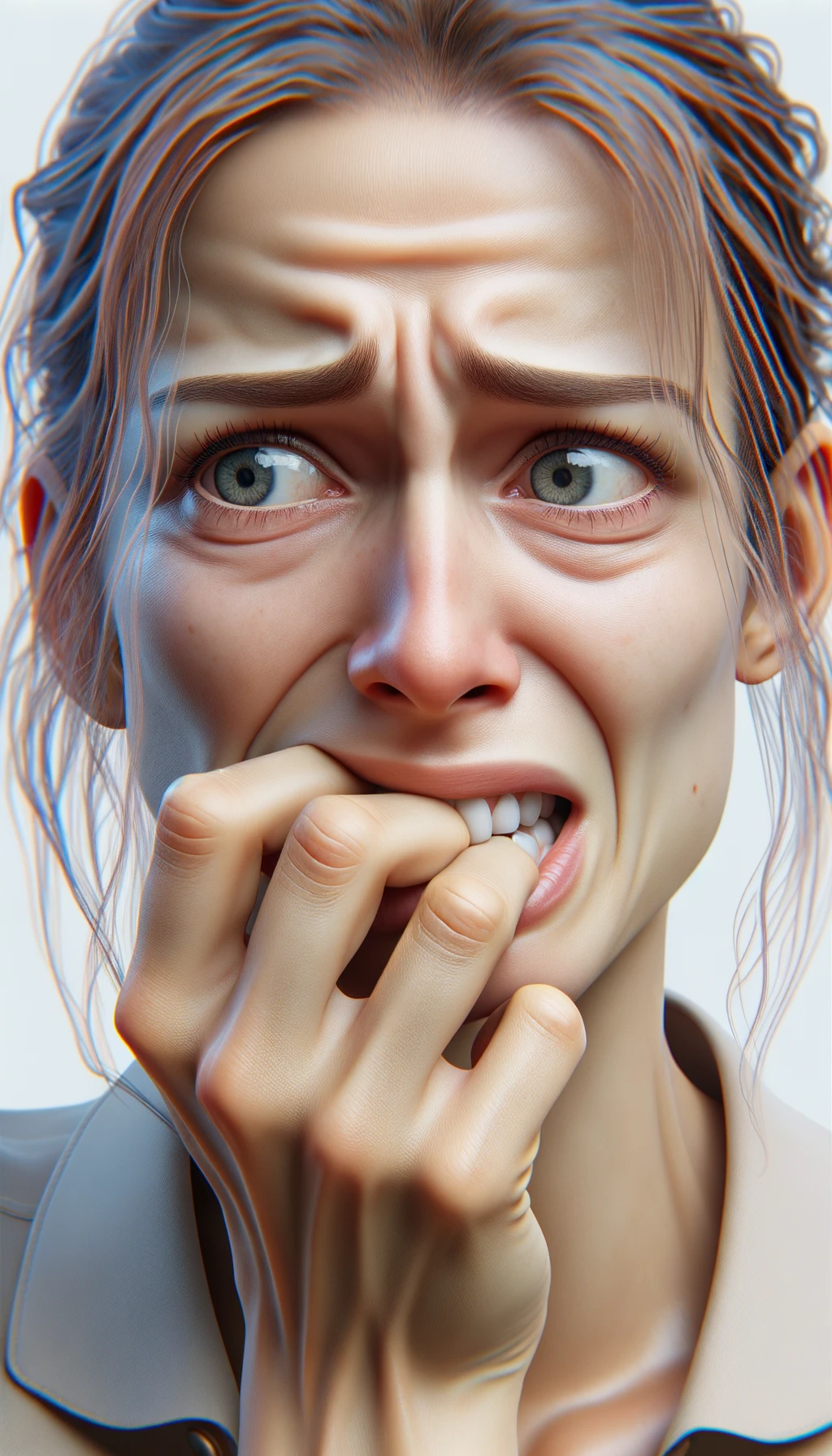 DONNA  che si mangia le unghie per il nervosismo, sfondo chiaro, iperrealistica 4k emoji